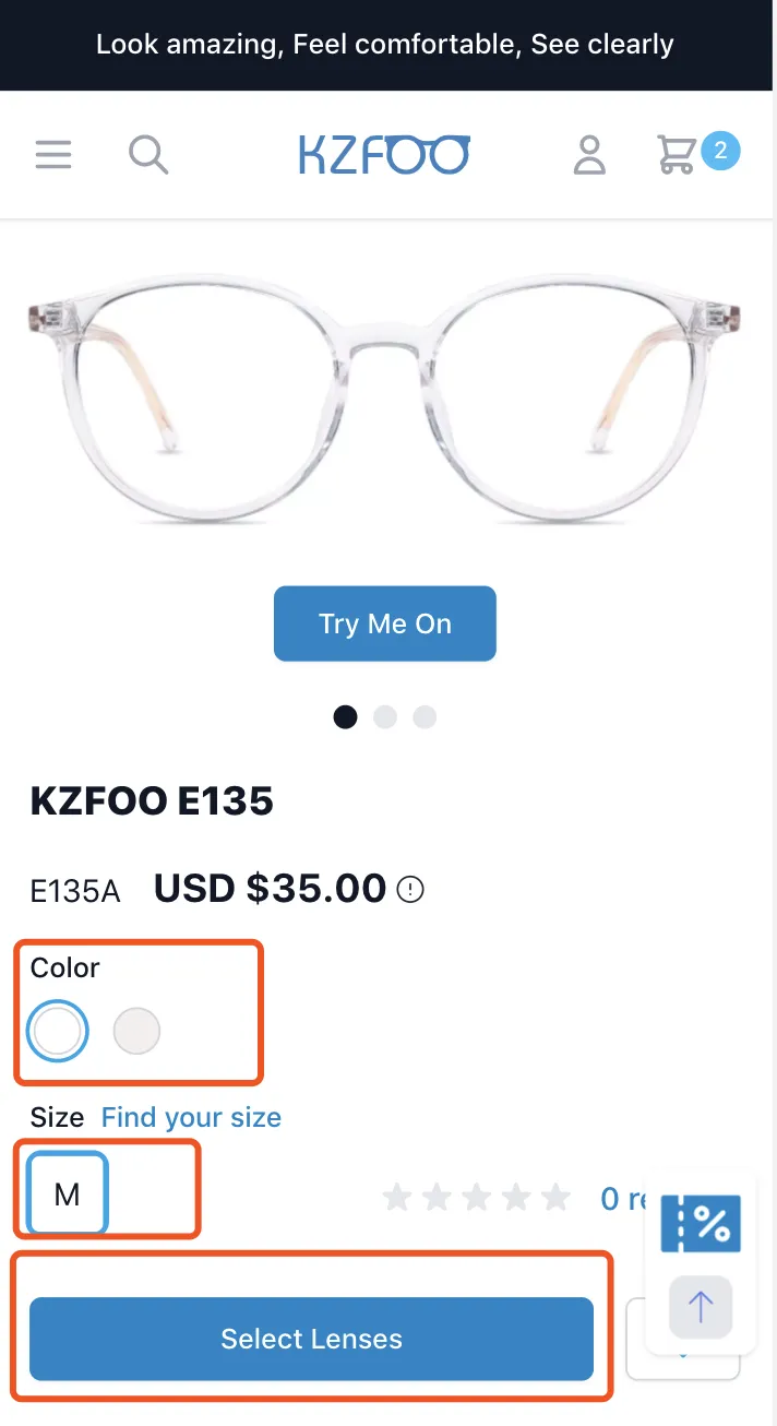 Select frame's color, size, and then select lenses.