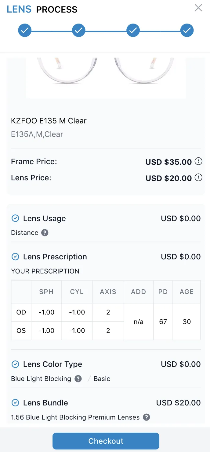 Check frame and lens details and checkout.